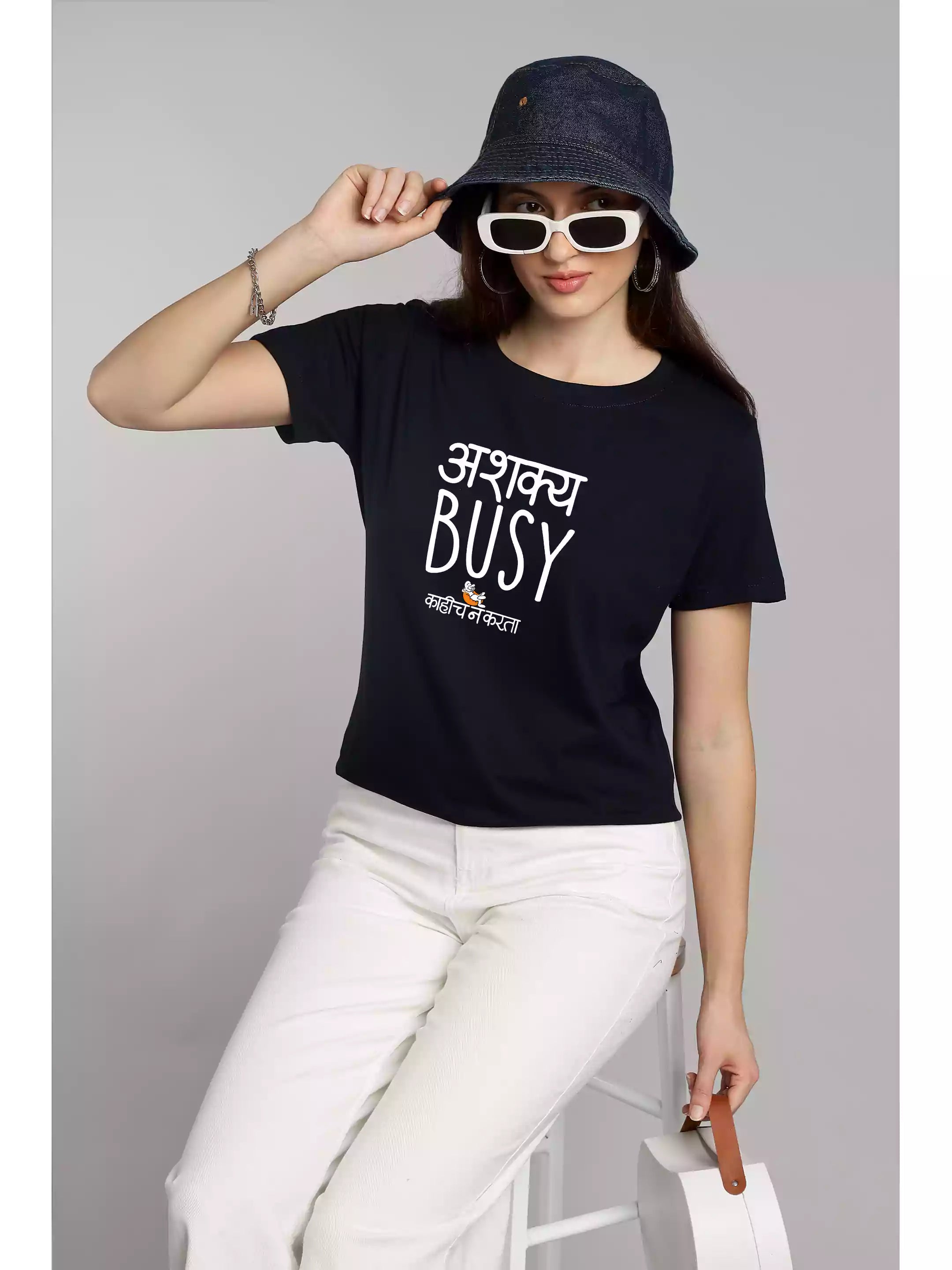 Ashakya Busy - Sukhiaatma Unisex Marathi Graphic Printed T-shirt
