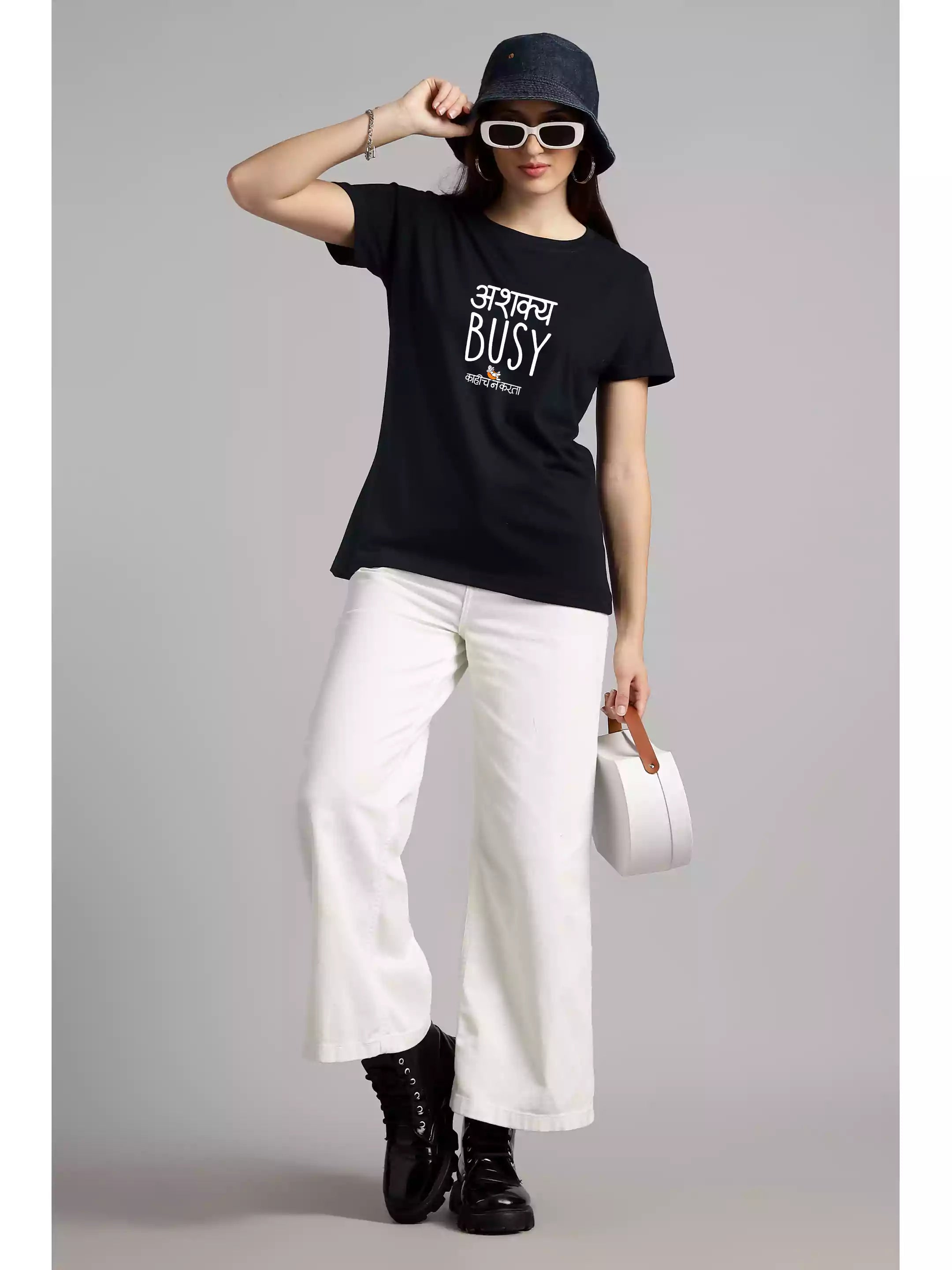 Ashakya Busy - Sukhiaatma Unisex Marathi Graphic Printed T-shirt