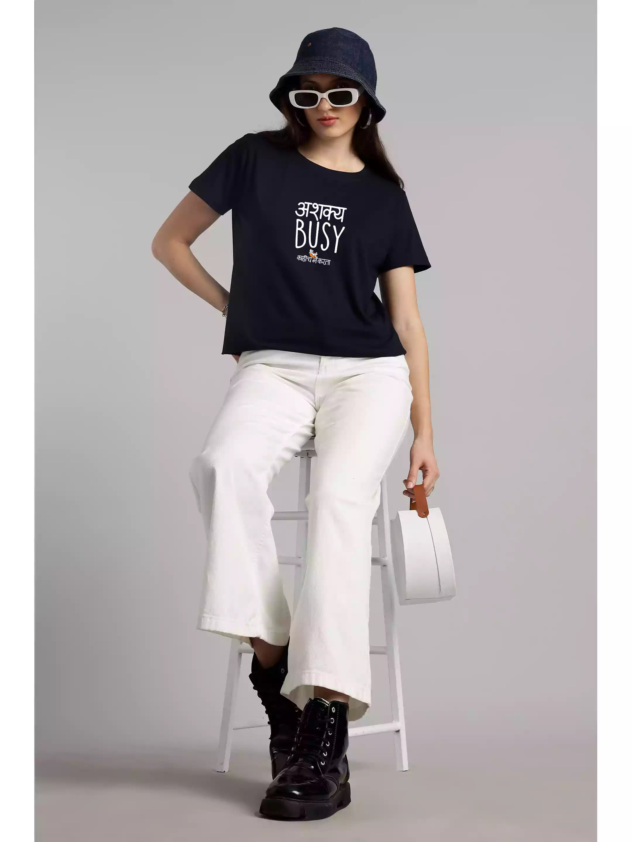 Ashakya Busy - Sukhiaatma Unisex Marathi Graphic Printed T-shirt