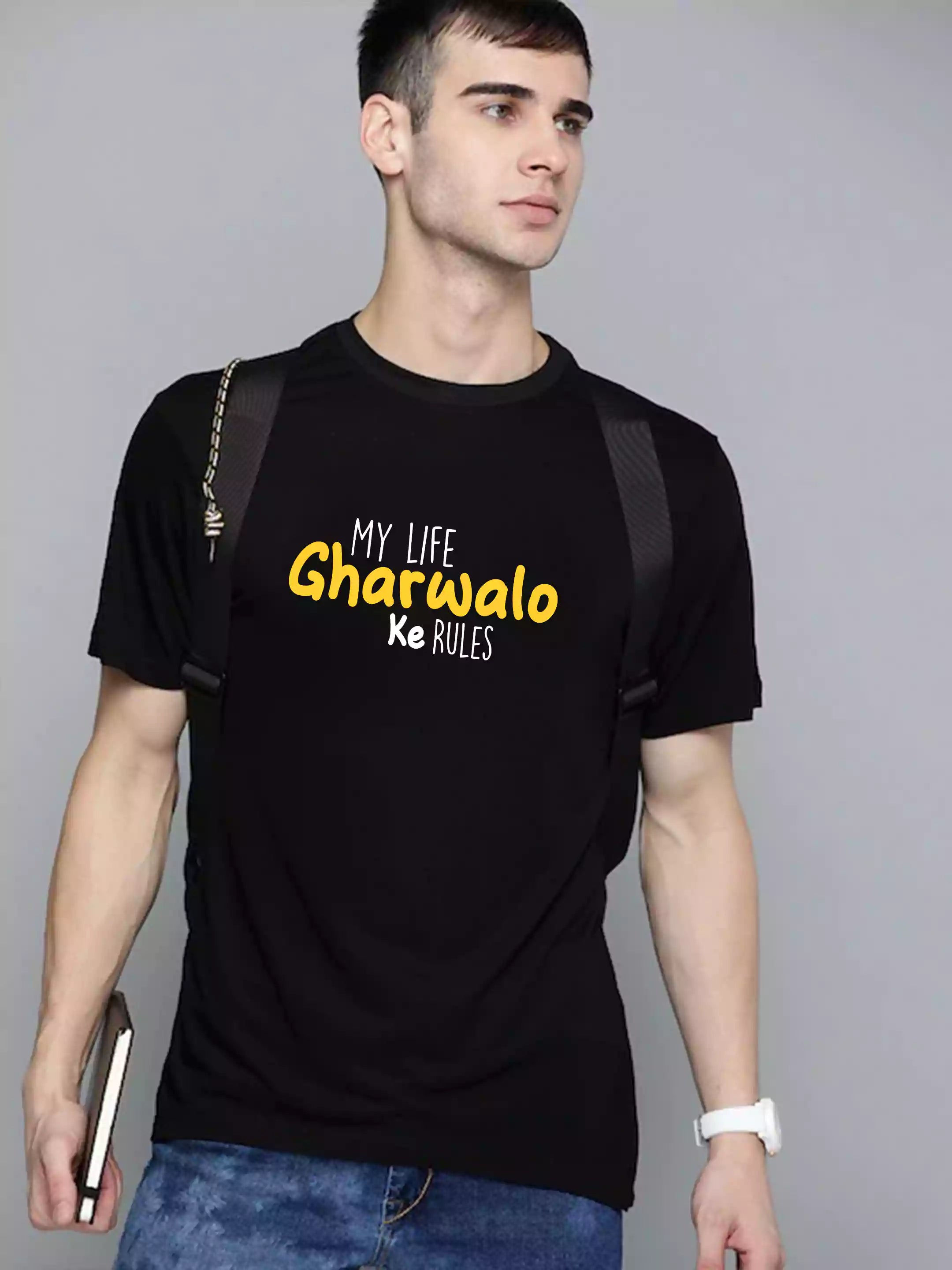 Gharwalo ke Rules - Sukhiaatma Unisex Graphic Printed Black T-shirt