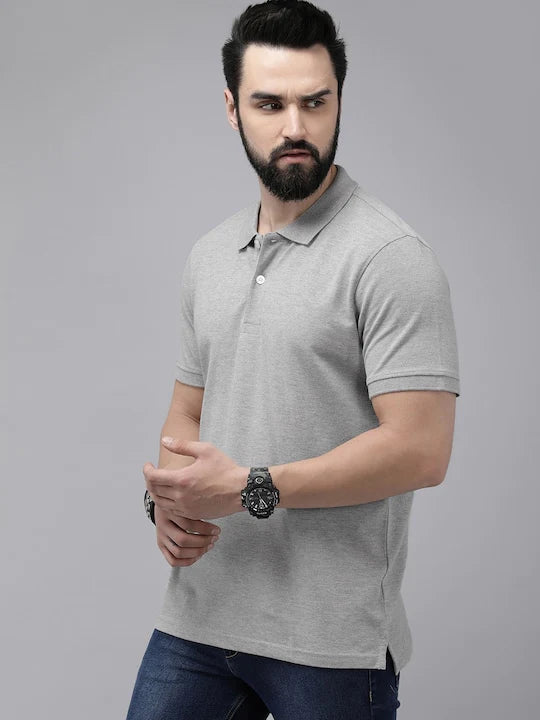Grey melange Solid Polo Unisex T-shirt