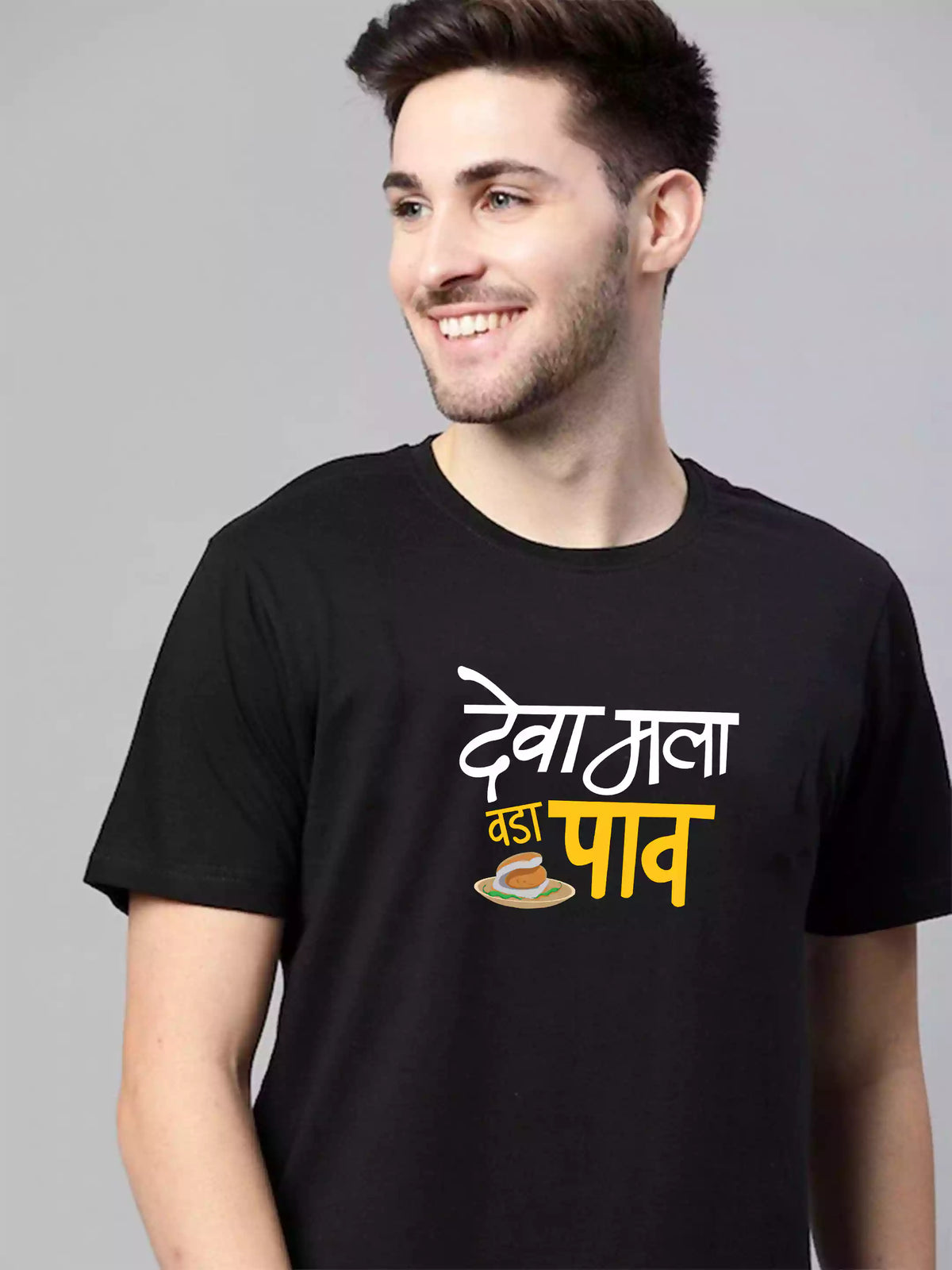 Deva mala Paav - Sukhiaatma Unisex Marathi Graphic Printed Black T-shirt